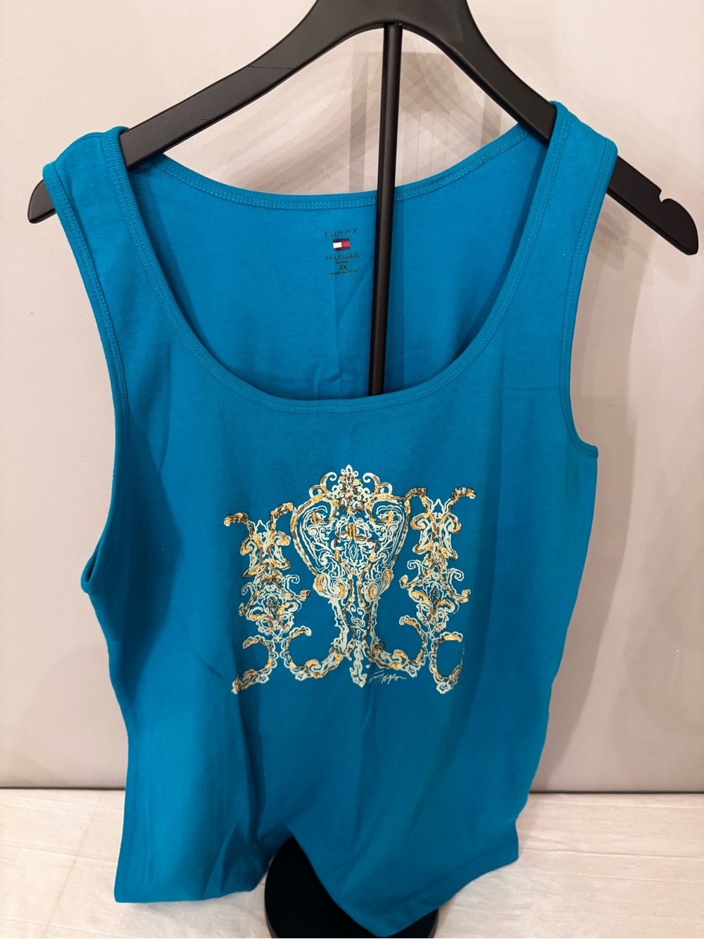 Tommy Hilfiger Turquoise Tank Top with Gold Baroque Print 2X